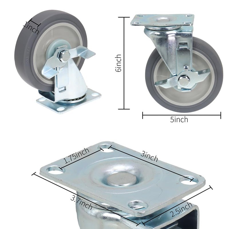 DGQ 5" Caster wheels Heavy Duty Premium Commercial Grade Non-Marking Set of 4 (2 Rigid, 2 Swivel with Brakes) - Image 4